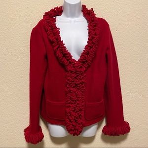 Tally Ho Vintage Valentine Red Sweater Ruffled Feminine Wool Cardigan Med